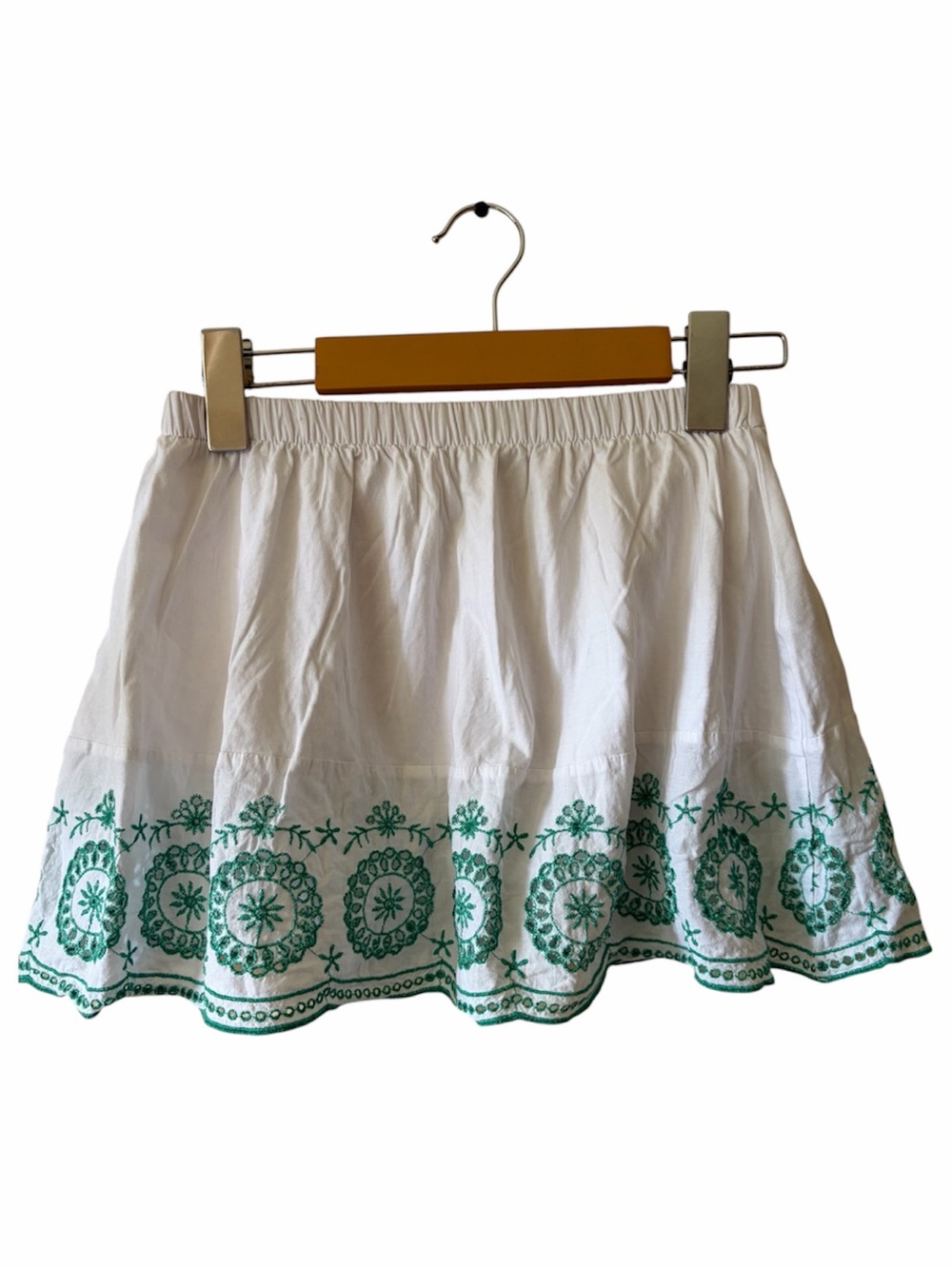 Primark White Embroidered Mini Skirt Green Floral Boho Cottagecore Elastic Skort